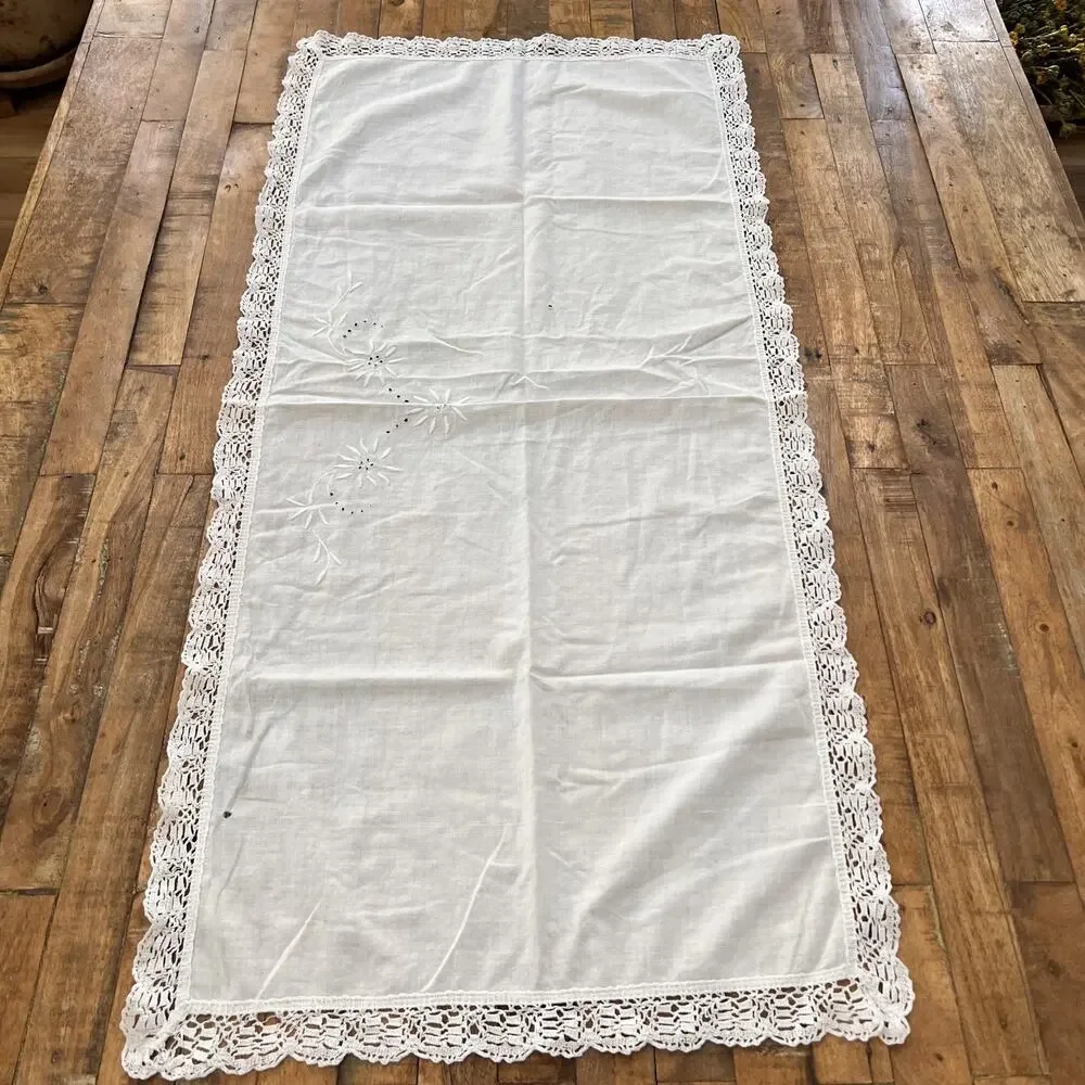 Vtg Linen Cotton Tablecloth Crochet Rectangle 20x41.5